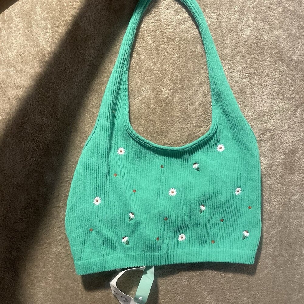 NWT Zara Crop Top Women's M/L Kelly Green Halter Embroidered Flowers Ribbed Fit